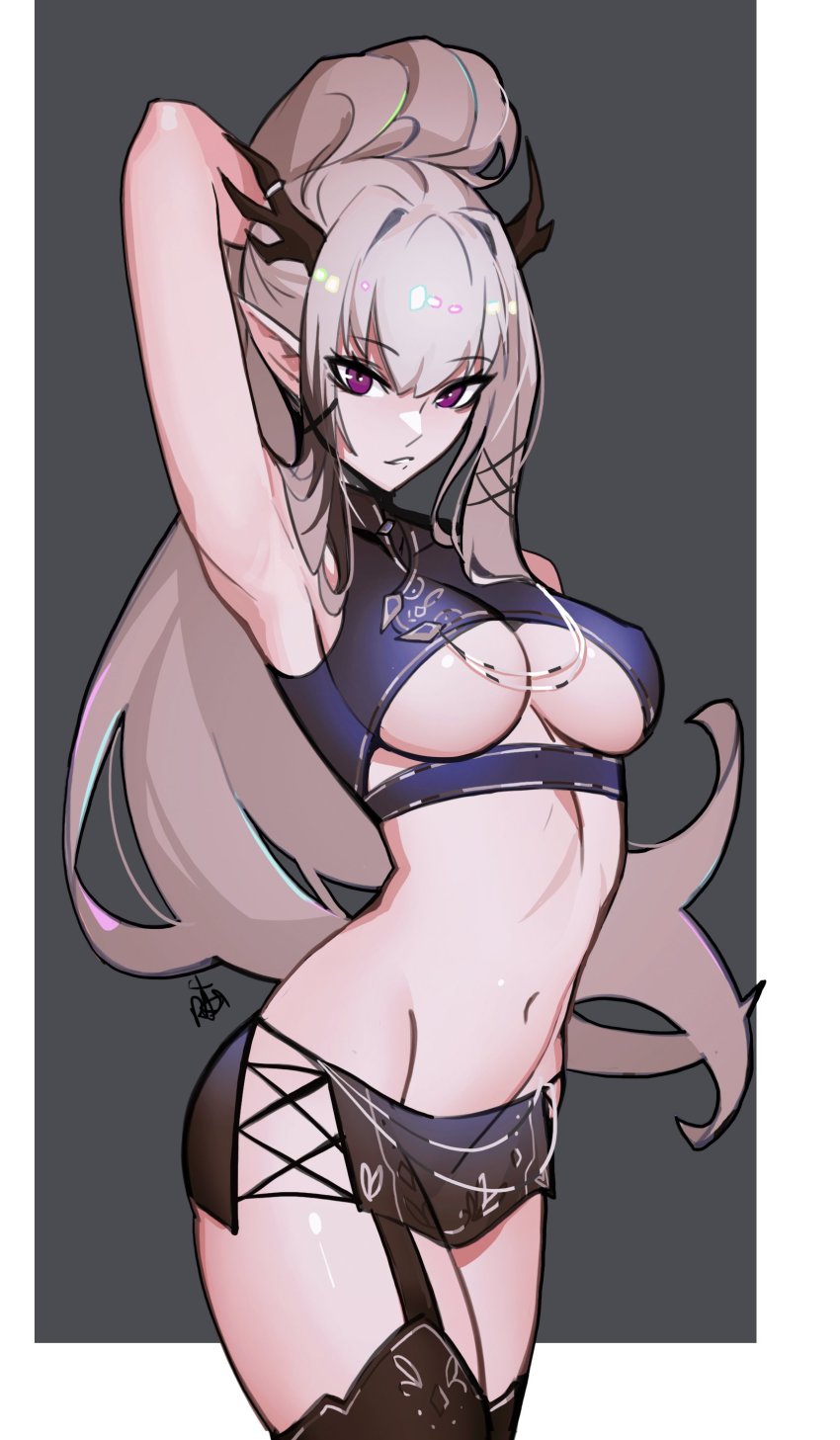 1girl, absurdres, antler_ring, antlers, armpits, breasts, brown_thighhighs, commission, distr, grey_background, grey_hair, highres, horns, large_breasts, long_hair, looking_at_viewer, microskirt, navel, original, parted_lips, ponytail, presenting_armpit, purple_hair, signature, skirt, solo, standing, thighhighs, underboob, very_long_hair