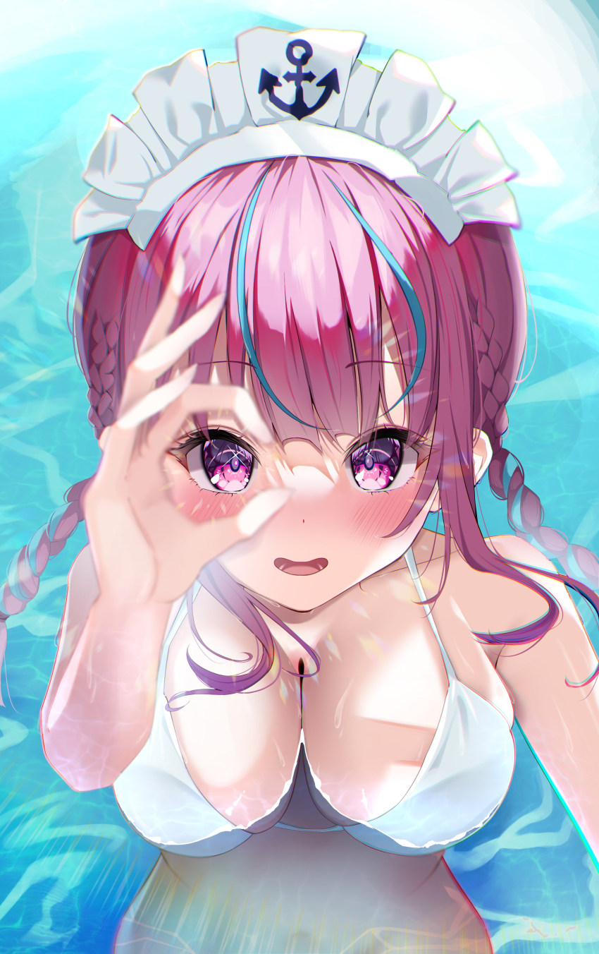 1girl, absurdres, anchor_print, asphalt494, bare_shoulders, bikini, blue_hair, blurry