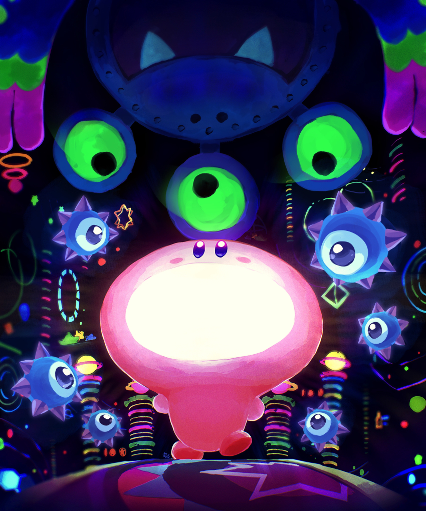 absurdres, copy_ability, dark, extra_eyes, fang, ghost_gordo, glowing, highres, kirby, kirby_(series), kirby_and_the_forgotten_land, light, light-bulb-mouth_kirby, light_bulb_mouth, light_rays, looking_at_another, looking_down, looking_up, monster, mouthful_mode, neon_lights, nintendo, open_mouth, star_(symbol), surprise_alien_board, suyasuyabi, walking
