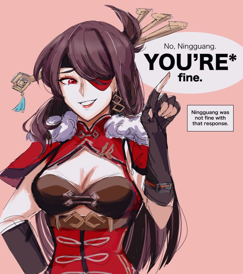 1girl, beidou_(genshin_impact), black_gloves, breasts, brown_hair, cleavage, dress, english_text, eyepatch, fingerless_gloves, genshin_impact, gloves, hair_ornament, hair_stick, highres, k_(nextstopplease), looking_down, medium_breasts, one_eye_covered, pink_background, pointing, pun, red_dress, red_eyes, sketch, smirk, solo