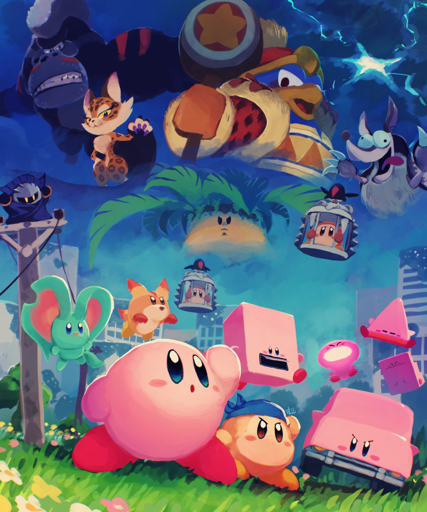 absurdres, bandana, bandana_waddle_dee, bird, blue_bandana, cable, cape, car-mouth_kirby, city, clawroline, claws, closed_eyes, cloud, cloudy_sky, cone-mouth_kirby, crow, elfilin, floating, flower, furry, furry_female, furry_male, gorimondo, grass, hammer, hat, highres, king_dedede, kirby, kirby_(series), kirby_and_the_forgotten_land, light-bulb-mouth_kirby, light_bulb_mouth, looking_to_the_side, mask, meta_knight, mouthful_mode, nintendo, open_mouth, outdoors, prison, revision, shoulder_pads, sillydillo, sky, stairs-mouth_kirby, suyasuyabi, teeth, tongue, tropic_woods, vending-mouth_kirby, waddle_dee