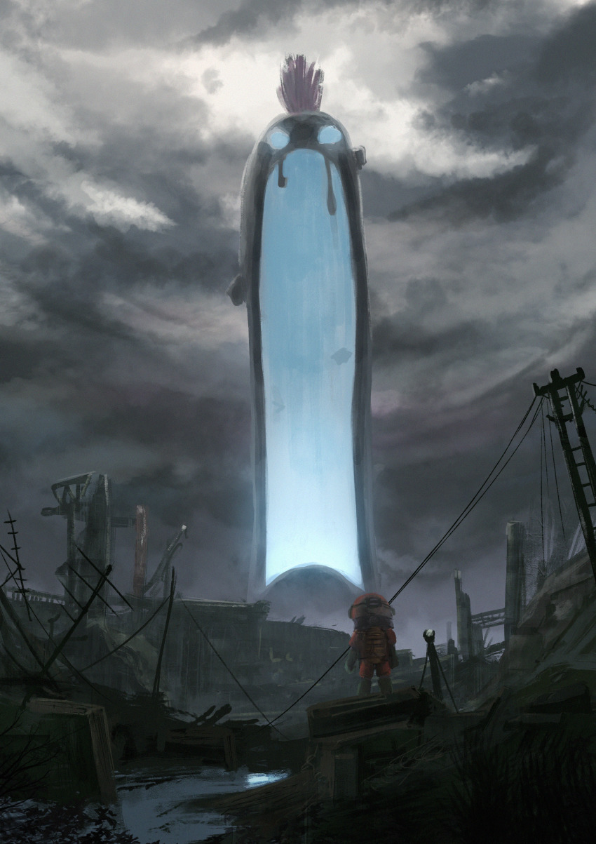 absurdres, cloud, cloudy_sky, gloves, glowing_mouth, grey_sky, helmet, highres, ink_tank_(splatoon), inkling, inkling_player_character, mudmouth_(splatoon), nekonekosan_(kemushima3), nintendo, open_mouth, rubber_gloves, ruins, salmon_run_(splatoon), sky, splatoon_(series), splatoon_3, utility_pole