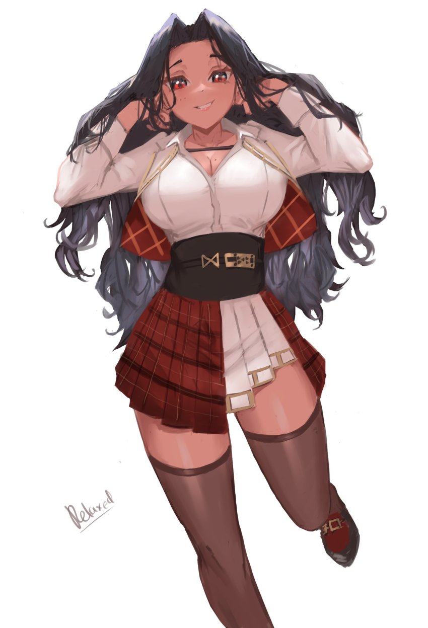 1girl, black_hair, black_thighhighs, breasts, cleavage, collared_shirt, dark-skinned_female, dark_skin, hands_in_own_hair, highres, large_breasts, long_hair, mole, mole_on_breast, nijisanji, nijisanji_en, parted_bangs, parted_lips, plaid_clothes, plaid_skirt, red_eyes, red_skirt, relaxed_entity, scarle_yonaguni, scarle_yonaguni_(1st_costume), shirt, skirt, solo, thighhighs, very_long_hair, virtual_youtuber, white_background, white_shirt