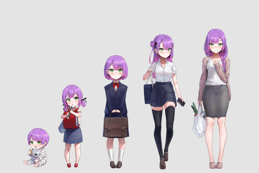 1girl, age_progression, aged_down, aged_up, baby, bag, black_ribbon, black_thighhighs, blue_jacket, blue_skirt, blush, bow, bowtie, bra, breasts, brown_footwear, cellphone, collared_shirt, dress_shirt, flute, green_eyes, grey_skirt, hair_bun, hair_over_shoulder, hair_ribbon, highres, holding, holding_bag, holding_phone, hololive, instrument, jacket, loafers, long_hair, looking_at_viewer, medium_breasts, multicolored_hair, multiple_views, music, open_clothes, open_jacket, phone, pink_hair, playing_instrument, purple_hair, pyytato, red_bow, red_bowtie, red_footwear, ribbon, shirt, shoes, short_hair, short_twintails, shoulder_bag, simple_background, single_side_bun, skirt, smartphone, socks, thighhighs, tokoyami_towa, twintails, two-tone_hair, underwear, virtual_youtuber, white_shirt, white_socks