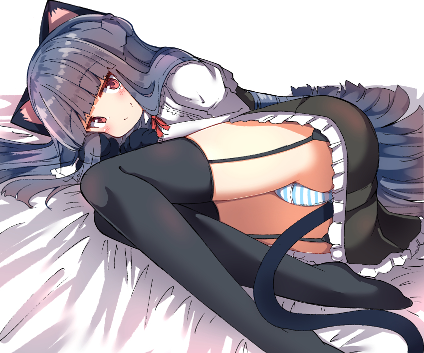 1girl, animal_ears, animal_hands, ass, bed_sheet, black_gloves, black_hair, black_skirt