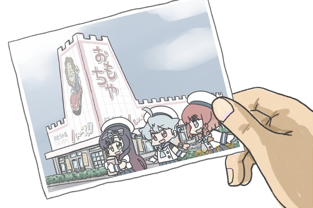 1other, 3girls, bag, blonde_hair, blue_hair, blue_neckerchief, blue_sailor_collar, blue_skirt