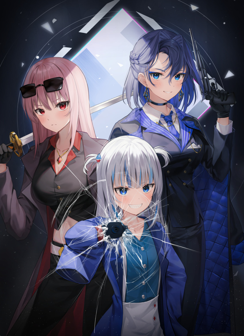 3girls, blue_eyes, blue_hair, broken_screen, choker, earrings, eyewear_on_head, formal_clothes