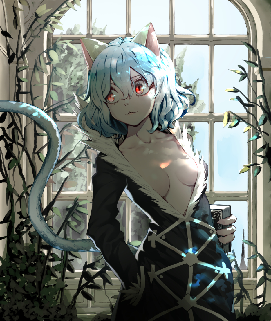 1girl, :3, animal_ears, black_dress, blue_hair, breasts, cat_ears, cat_girl, cat_tail, chrollo_lucilfer, chrollo_lucilfer_(cosplay), cleavage, collarbone, cosplay, curly_hair, dress, hand_in_pocket, holding, hunter_x_hunter, leaning_to_the_side, long_hair, medium_breasts, neferpitou, red_eyes, slit_pupils, solo, standing, tail, yagisawa_teru