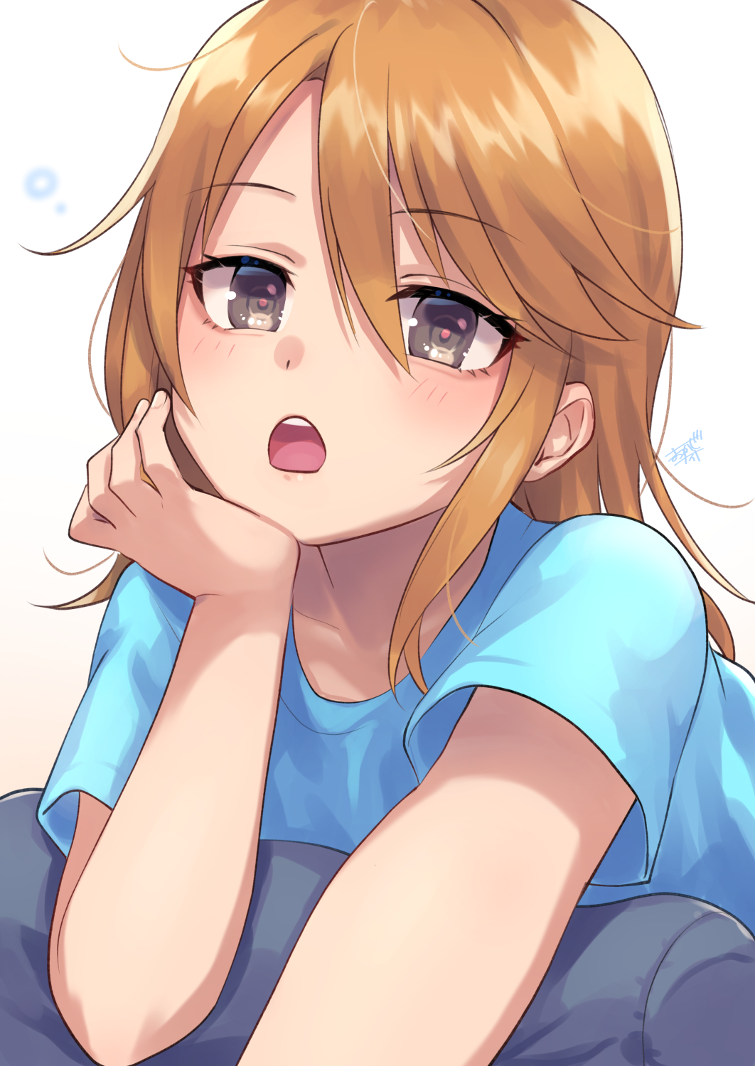 1girl, blue_shirt, brown_hair, d:, grey_eyes, hair_between_eyes, head_rest, highres, idolmaster, idolmaster_cinderella_girls, kishinaito, long_hair, messy_hair, open_mouth, shirt, short_sleeves, solo, straight_hair, t-shirt, upper_body, white_background, yuuki_haru