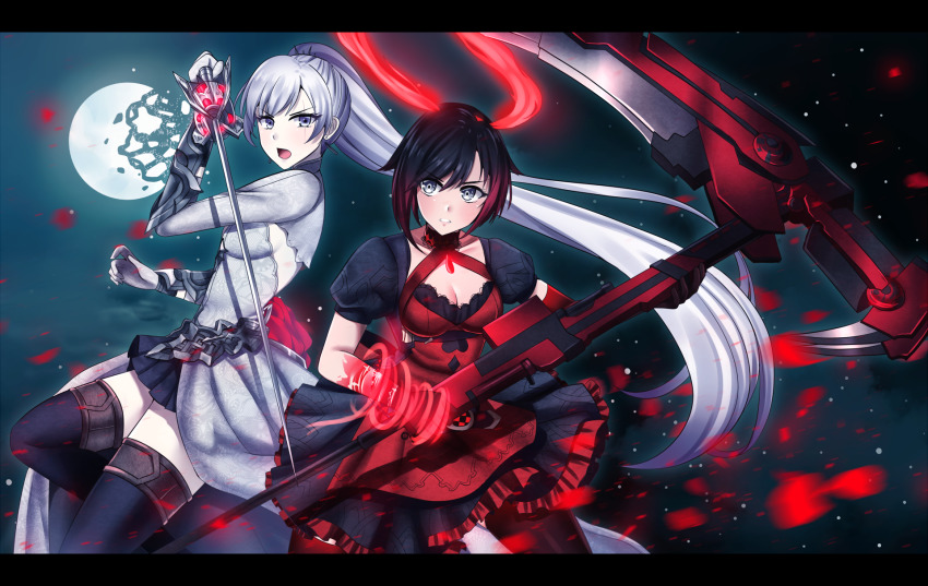 2girls, adapted_costume, alice_(sinoalice), alice_(sinoalice)_(cosplay), ateliae, black_dress, black_hair, black_pantyhose, black_skirt, black_thighhighs, breasts, cleavage, collarbone, cosplay, cosplay_request, crescent_rose, dress, floating_hair, frilled_dress, frills, gloves, gradient_hair, grey_eyes, highres, holding, holding_scythe, holding_sword, holding_weapon, long_hair, medium_breasts, miniskirt, moon, multicolored_hair, multiple_girls, myrtenaster, open_mouth, pantyhose, petals, pleated_skirt, ponytail, red_hair, rose_petals, ruby_rose, rwby, scar, scar_across_eye, scar_on_face, scythe, short_hair, short_sleeves, sideboob, sinoalice, skirt, small_breasts, standing, sword, thighhighs, very_long_hair, waist_cape, weapon, weiss_schnee, white_gloves, white_hair