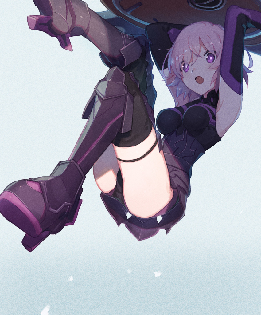 1girl, armored_leotard, armpits, arms_up, black_gloves, black_leotard, black_thighhighs, breasts, breasts_apart, elbow_gloves, fate/grand_order, fate_(series), gloves, hair_between_eyes, highres, holding, holding_shield, leotard, mash_kyrielight, mash_kyrielight_(demi-servant), medium_breasts, open_mouth, pink_hair, purple_eyes, purple_gloves, shield, short_hair, solo, thigh_strap, thighhighs, two-tone_gloves, urabe_(mstchan)