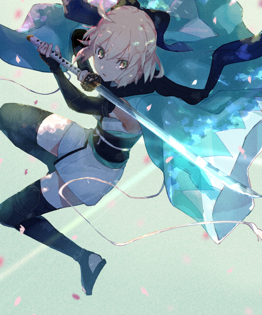 1girl, ahoge, black_thighhighs, blonde_hair, cherry_blossoms, fate_(series), green_eyes, hair_between_eyes