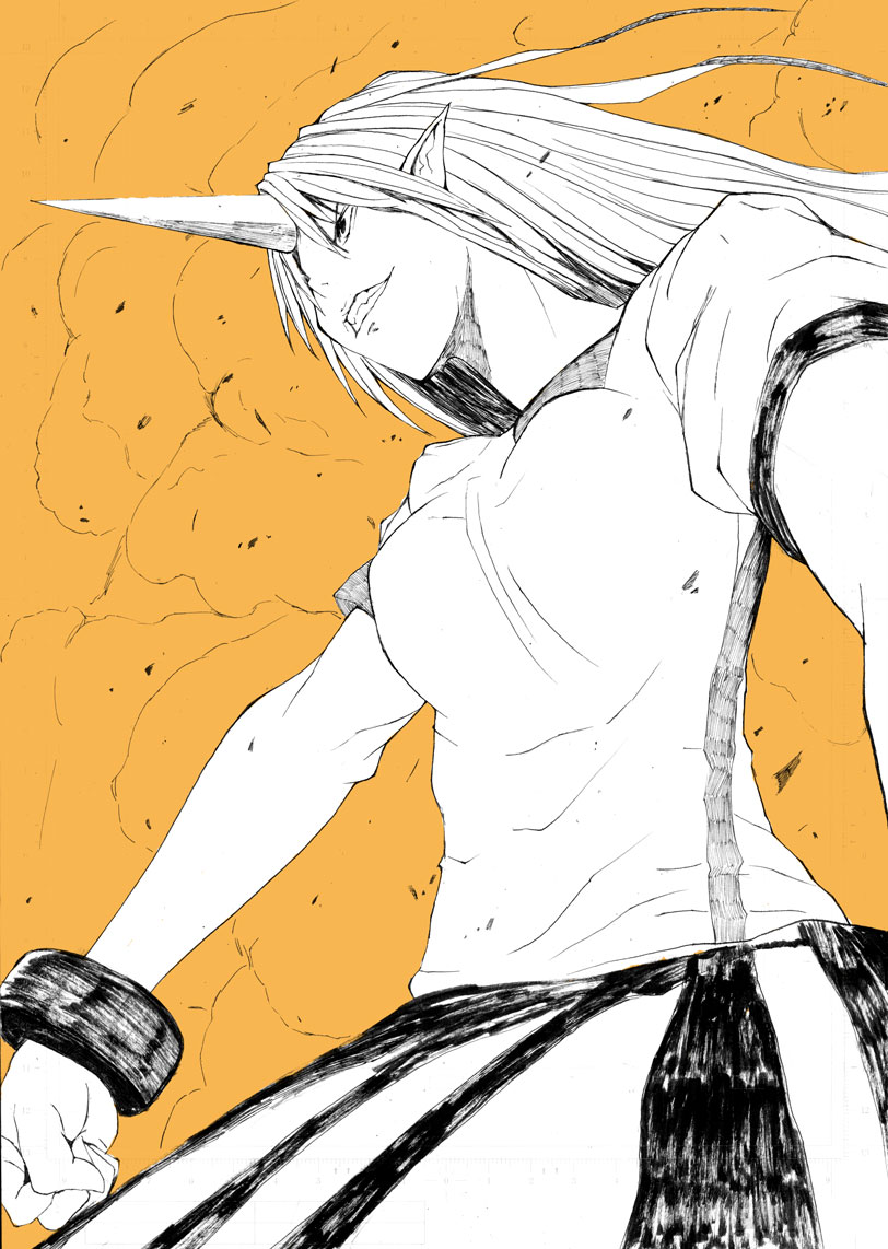 1girl, clenched_hand, cuffs, female_focus, from_below, grin, horns, hoshiguma_yuugi