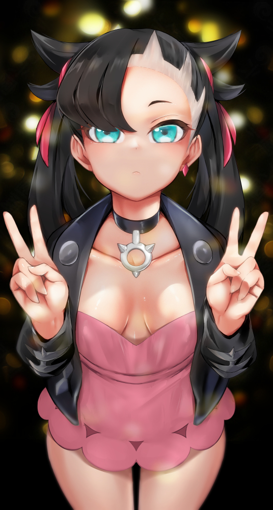 1girl, asymmetrical_bangs, black_choker, black_hair, black_jacket, blue_eyes, blurry, blurry_background, blush, breasts, choker, closed_mouth, collarbone, cowboy_shot, depth_of_field, double_v, downblouse, dress, earrings, expressionless, female_focus, forehead, hair_ribbon, hands_up, jacket, jewelry, light_blush, long_sleeves, looking_at_viewer, marnie_(pokemon), medium_breasts, multicolored_hair, nintendo, open_clothes, open_jacket, pingqiong_xiansheng, pink_dress, pokemon, pokemon_sword_and_shield, red_ribbon, ribbon, shiny_skin, short_dress, single_earring, solo, standing, straight-on, twintails, two-tone_hair, undercut, v, white_hair
