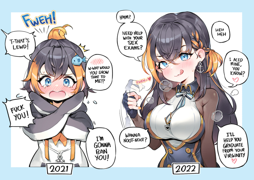 1girl, afterimage, anchor_earrings, black_gloves, black_hair, blonde_hair, blue_eyes, blush, bodystocking, breasts, earrings, english_text, fingerless_gloves, fish_hair_ornament, gloves, hair_between_eyes, hair_ornament, highres, hood, hoodie, jewelry, large_breasts, long_hair, looking_at_viewer, multicolored_hair, nijisanji, nijisanji_en, open_mouth, petra_gurin, petra_gurin_(1st_costume), pollenoxide, profanity, short_hair, speech_bubble, spoken_blush, tearing_up, tongue, tongue_out, two-tone_hair, virtual_youtuber