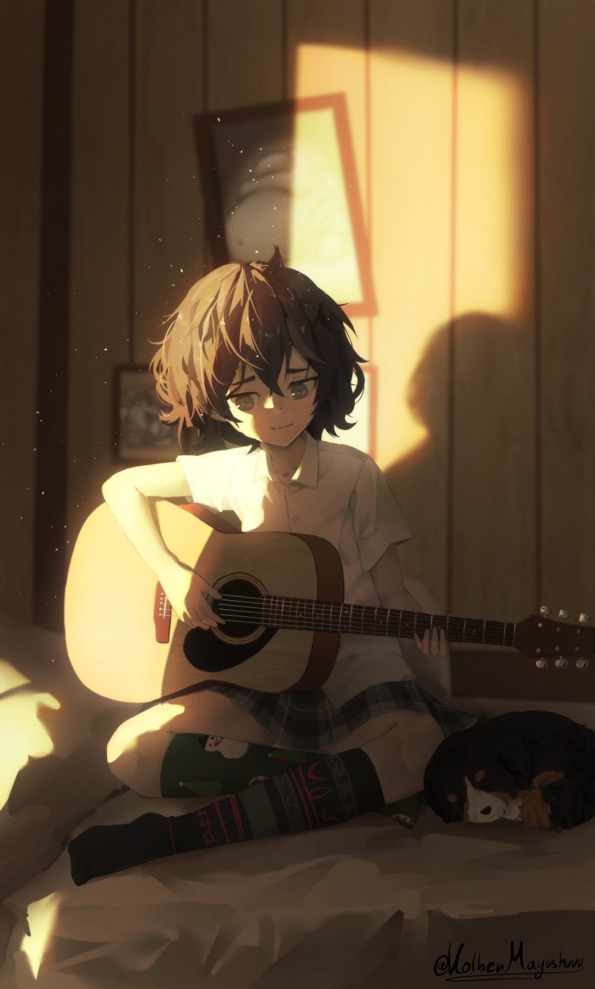 1girl, absurdres, animal, artist_name, asymmetrical_legwear, bed, sophie's_dog_(popopoka), sophie_(popopoka), borrowed_character, brown_hair, collared_shirt, crack_of_light, dog, grey_skirt, guitar, highres, holding, holding_instrument, indoors, instrument, mayushuuu, mismatched_legwear, music, no_shoes, original, pillow, plaid_clothes, plaid_skirt, playing_instrument, shadow, shirt, short_sleeves, sitting, skirt, sleeping, socks, white_shirt