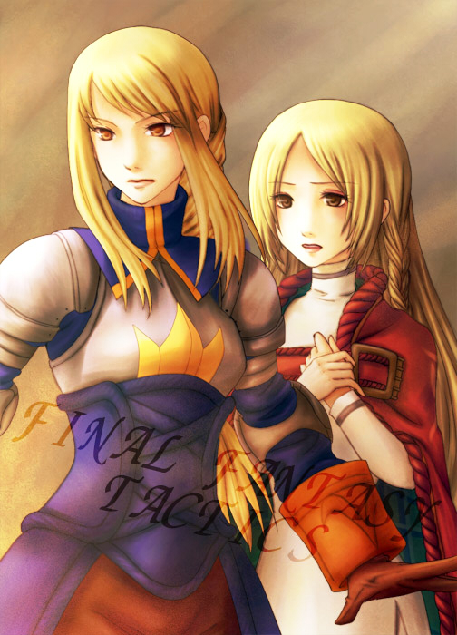 2girls, agrias_oaks, armor, blonde_hair, braid, breastplate, breasts, brown_eyes