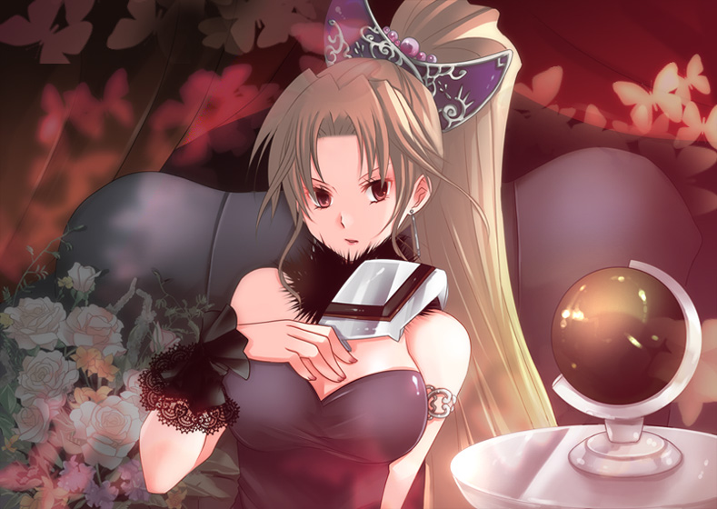 armlet, bare_shoulders, breasts, brown_hair, bug, butterfly, cleavage, earrings