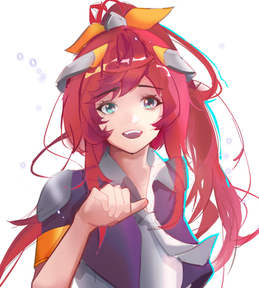 1girl, :d, battle_academia_lux, green_eyes, grey_background, grey_necktie, hair_ornament, hair_ribbon, hand_up, highres, ippo_kuwa, jacket, league_of_legends, long_hair, lux_(league_of_legends), necktie, official_alternate_costume, open_mouth, orange_ribbon, pink_jacket, ponytail, red_hair, ribbon, short_sleeves, simple_background, smile, solo, teeth, upper_teeth_only
