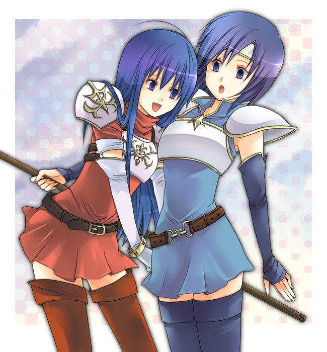 2girls, :d, :o, armor, armored_dress, belt, blue_eyes, blue_hair