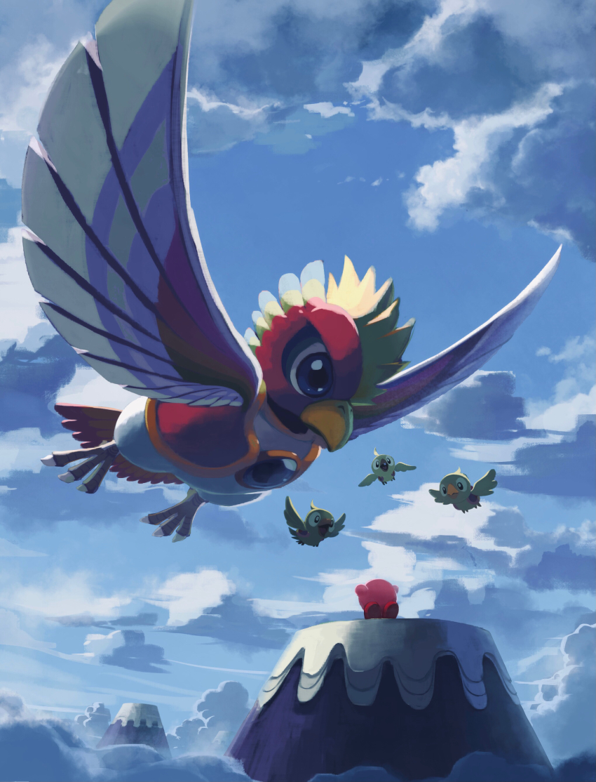 absurdres, bird, blue_sky, character_request, check_character, cloud, day, dyna_blade, dyna_chick, flying, highres, kirby, kirby_(series), looking_at_another, nintendo, outdoors, scenery, sky, suyasuyabi
