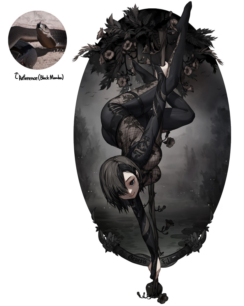 1girl, absurdres, black_bodysuit, black_eyes, black_flower, black_hair, black_mamba, bodysuit, earrings, fishnets, floral_print, flower, highres, jewelry, looking_at_viewer, original, personification, reference_inset, rinotuna, smile, snake, solo, upside-down
