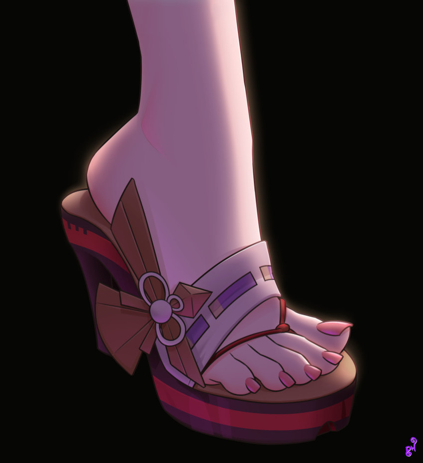 1girl, absurdres, arched_soles, artist_logo, black_background, brown_sandals, close-up, commentary
