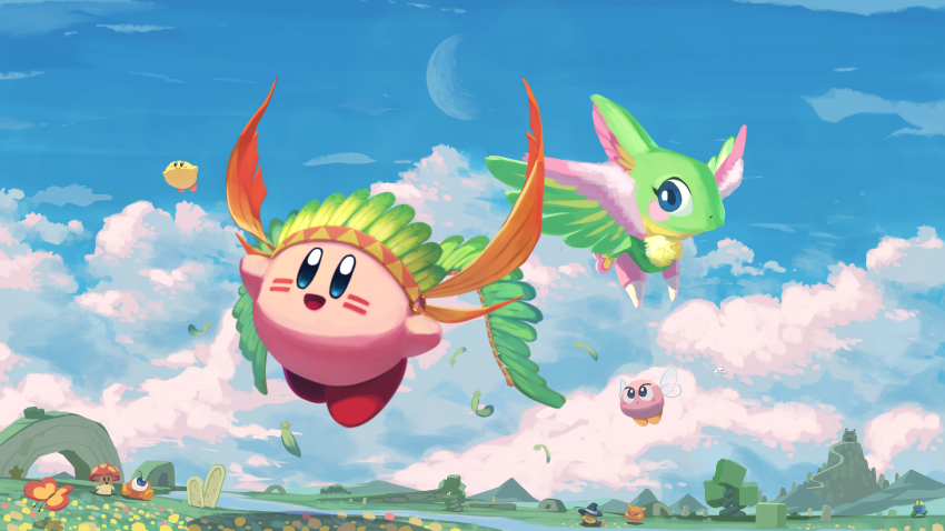 absurdres, blue_sky, bronto_burt, broom_hatter, bug, butterfly, cappy_(kirby), closed_eyes