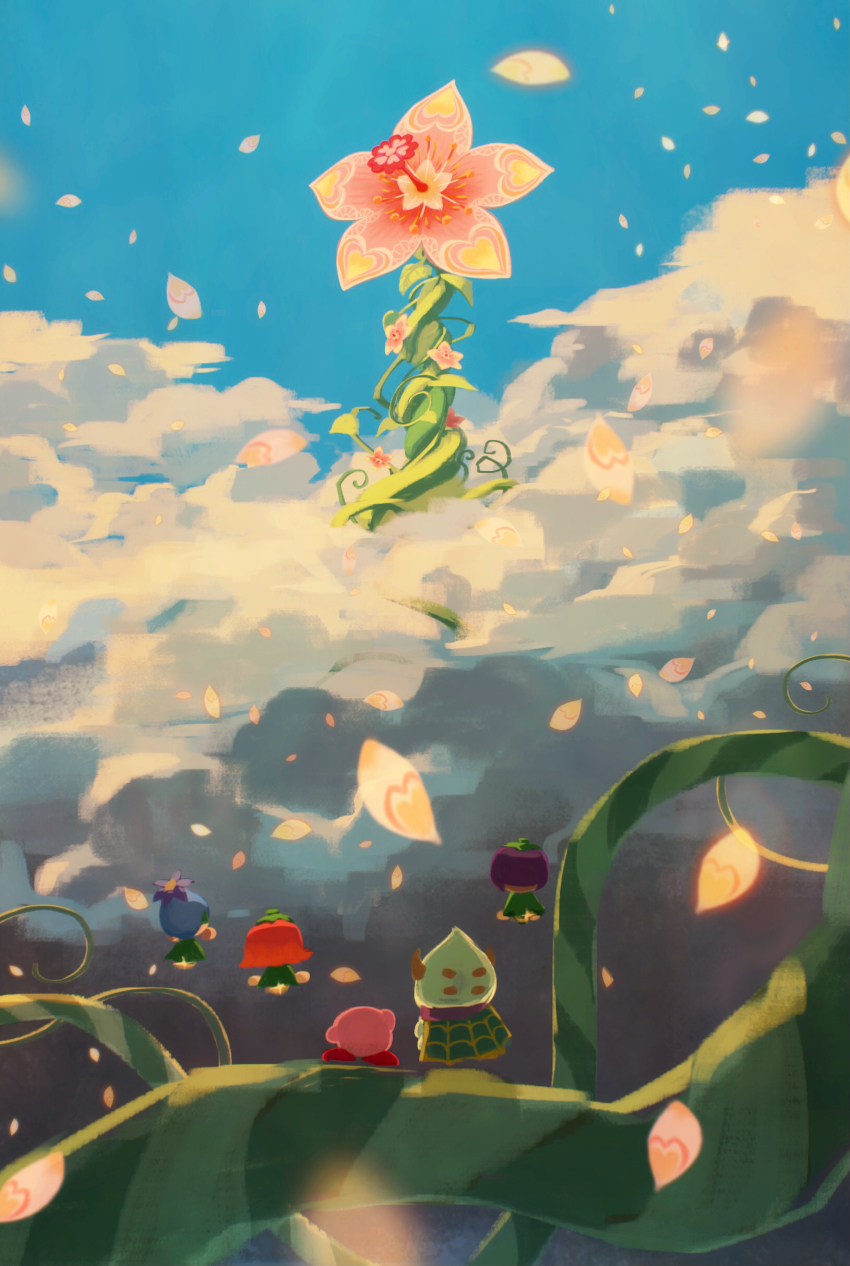 absurdres, blue_hair, blue_sky, cloud, day, flower, from_behind, highres