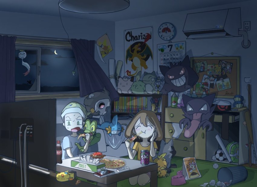 1boy, 1girl, aerosol, air_conditioner, backpack, bag, ball, baseball