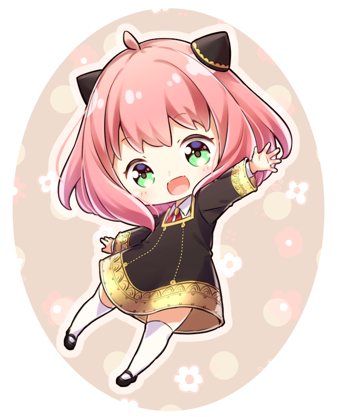 1girl, :d, anya_(spy_x_family), blush, chibi, collared_shirt, green_eyes, hairpods