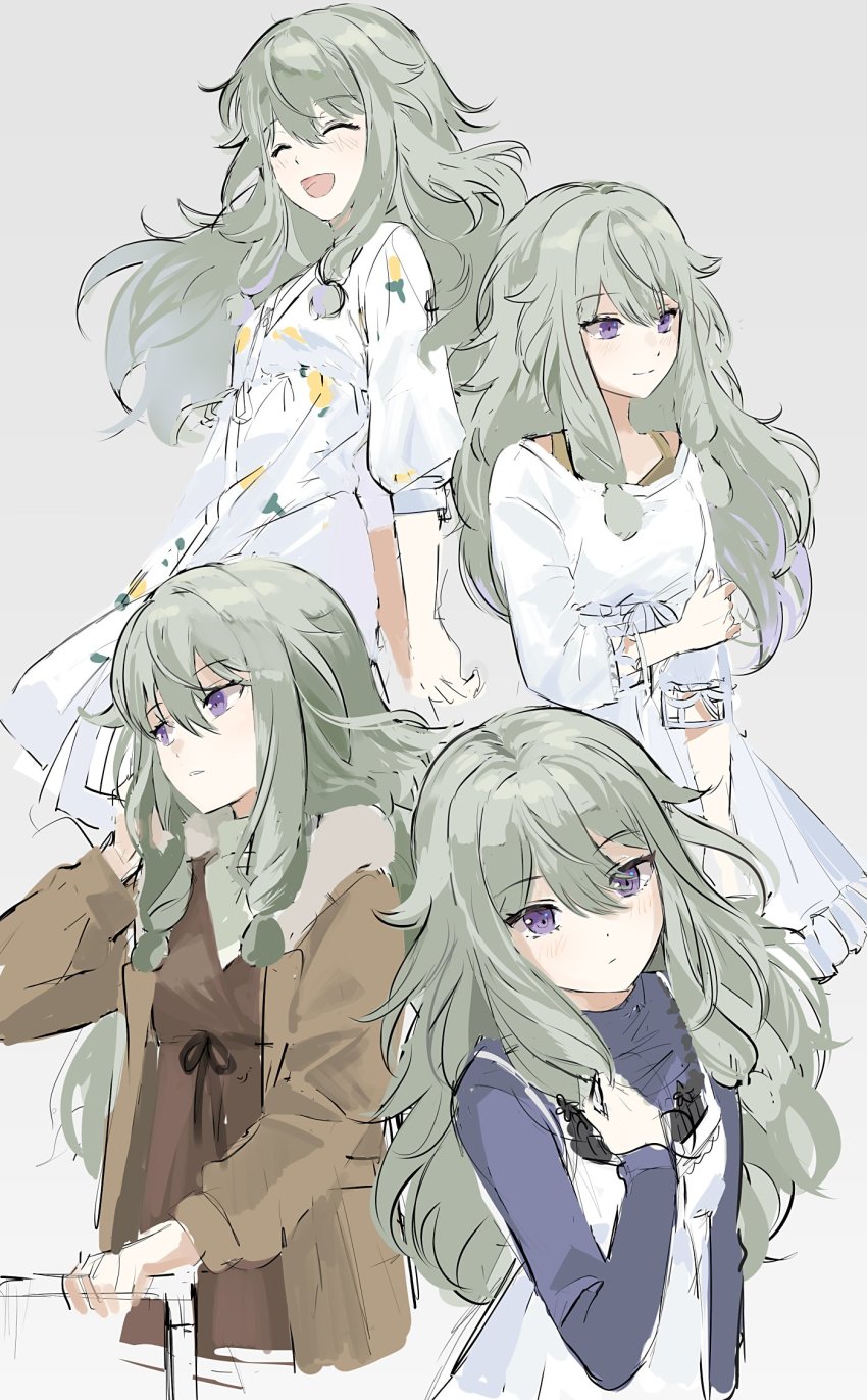 1girl, :d, ^_^, blue_sweater, blush, brown_dress, closed_eyes, closed_mouth, dress, food_print, fruit_print, fur_collar, green_hair, grey_background, highres, iwatnc, kusanagi_nene, laughing, lemon_print, long_hair, long_sleeves, looking_at_viewer, low-tied_long_hair, multiple_views, open_mouth, parted_lips, project_sekai, simple_background, smile, sweater, white_dress, white_sweater