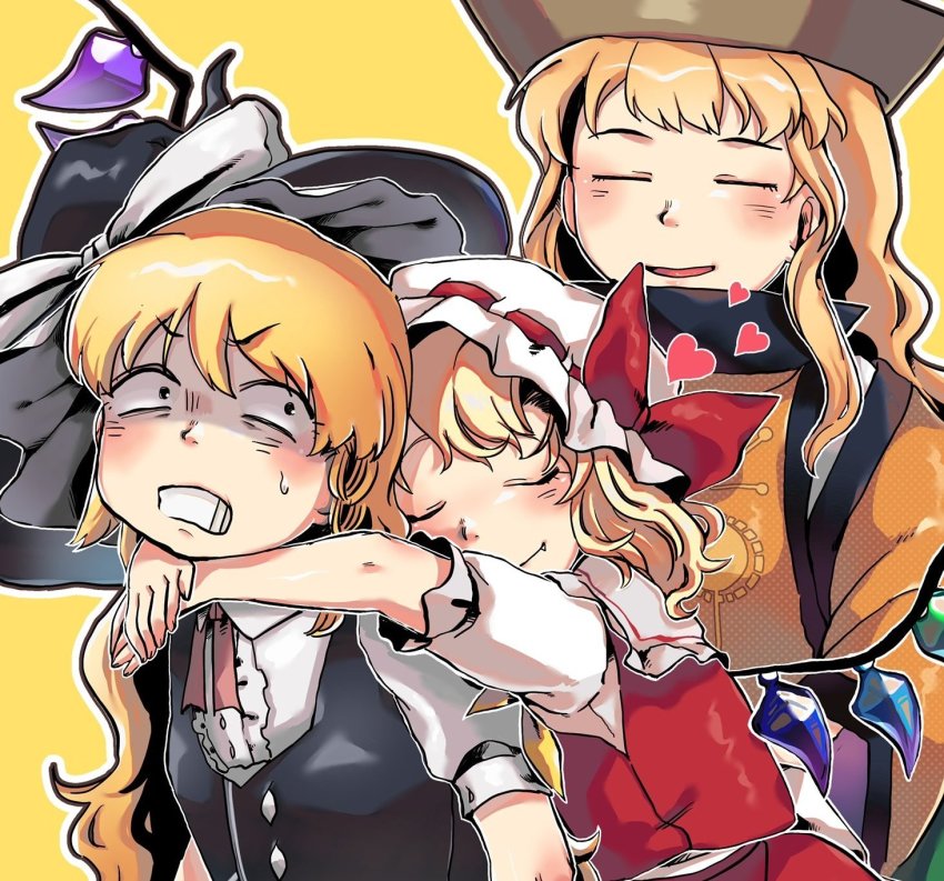 3girls, black_vest, blonde_hair, closed_eyes, detached_sleeves, fang, flandre_scarlet, hat