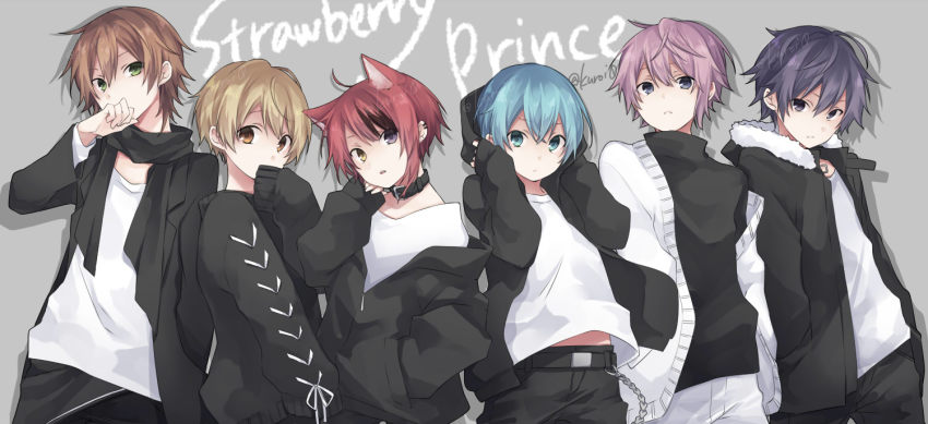 6+boys, animal_ears, black_hair, black_hoodie, blonde_hair, blue_eyes, blue_hair, brown_eyes