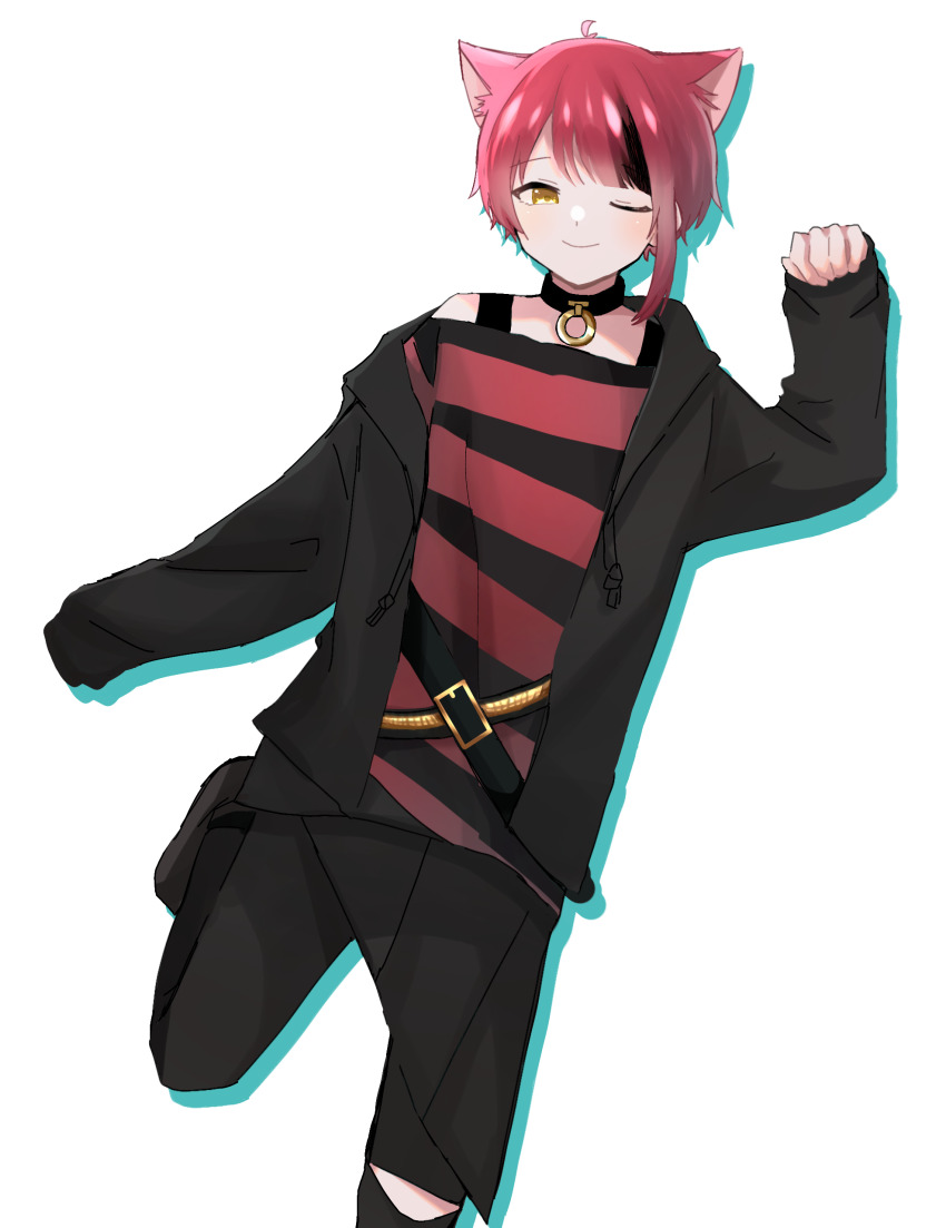1boy, absurdres, animal_ears, belt, black_hair, black_hoodie, black_pants, black_shirt