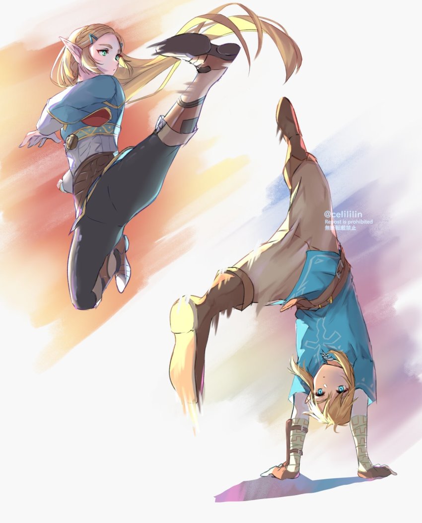 1boy, 1girl, belt, black_pants, blonde_hair, blue_eyes, blue_shirt, blue_tunic