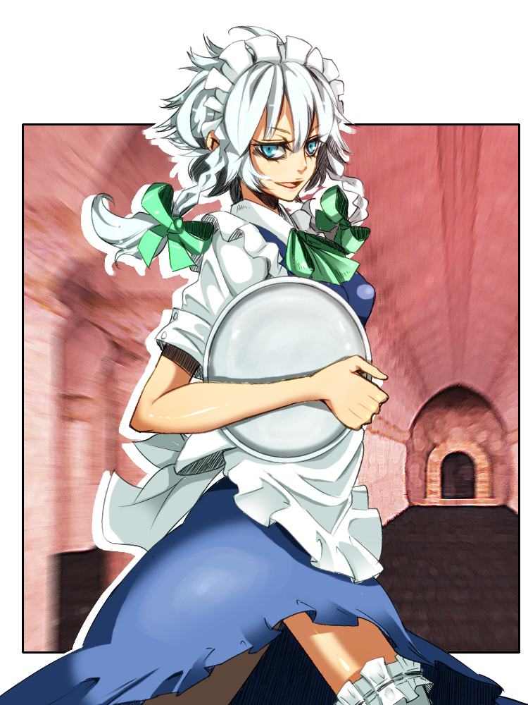 1girl, blue_eyes, braid, colorized, female_focus, izayoi_sakuya, kurosu_(masaru), kurosumasaru