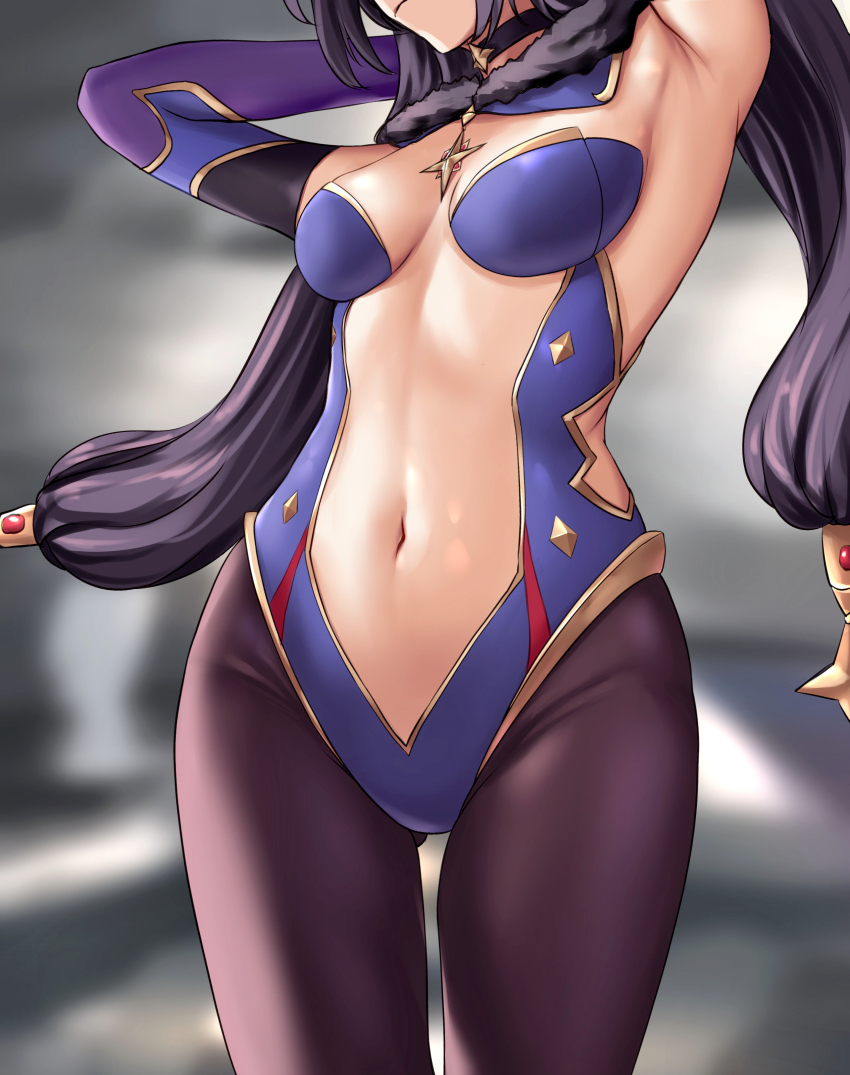 1girl, absurdres, adapted_costume, armpits, black_choker, black_hair, breasts, choker, closed_mouth, commentary_request, detached_collar, edchi, fur_collar, genshin_impact, gold_trim, head_out_of_frame, highres, long_hair, medium_breasts, mona_(genshin_impact), navel, outstretched_arms, pantyhose, purple_pantyhose, solo, twintails