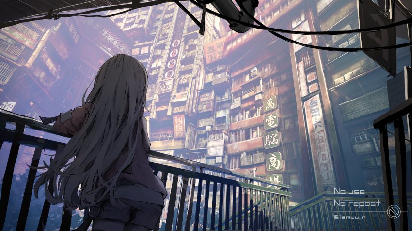 1girl, absurdres, aiamu_iamu, building, from_behind, fujitarian, highres, long_hair