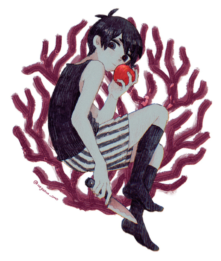 1boy, apple, artist_name, black_eyes, black_hair, black_socks, closed_mouth, expressionless