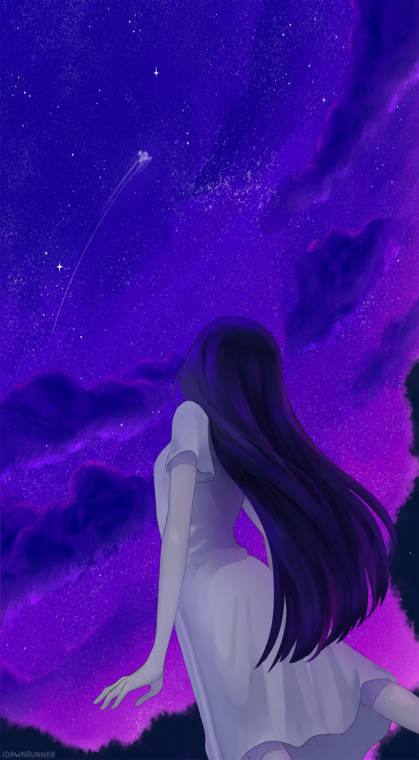 1girl, absurdres, artist_name, black_hair, dress, from_behind, highres, idawnrunner