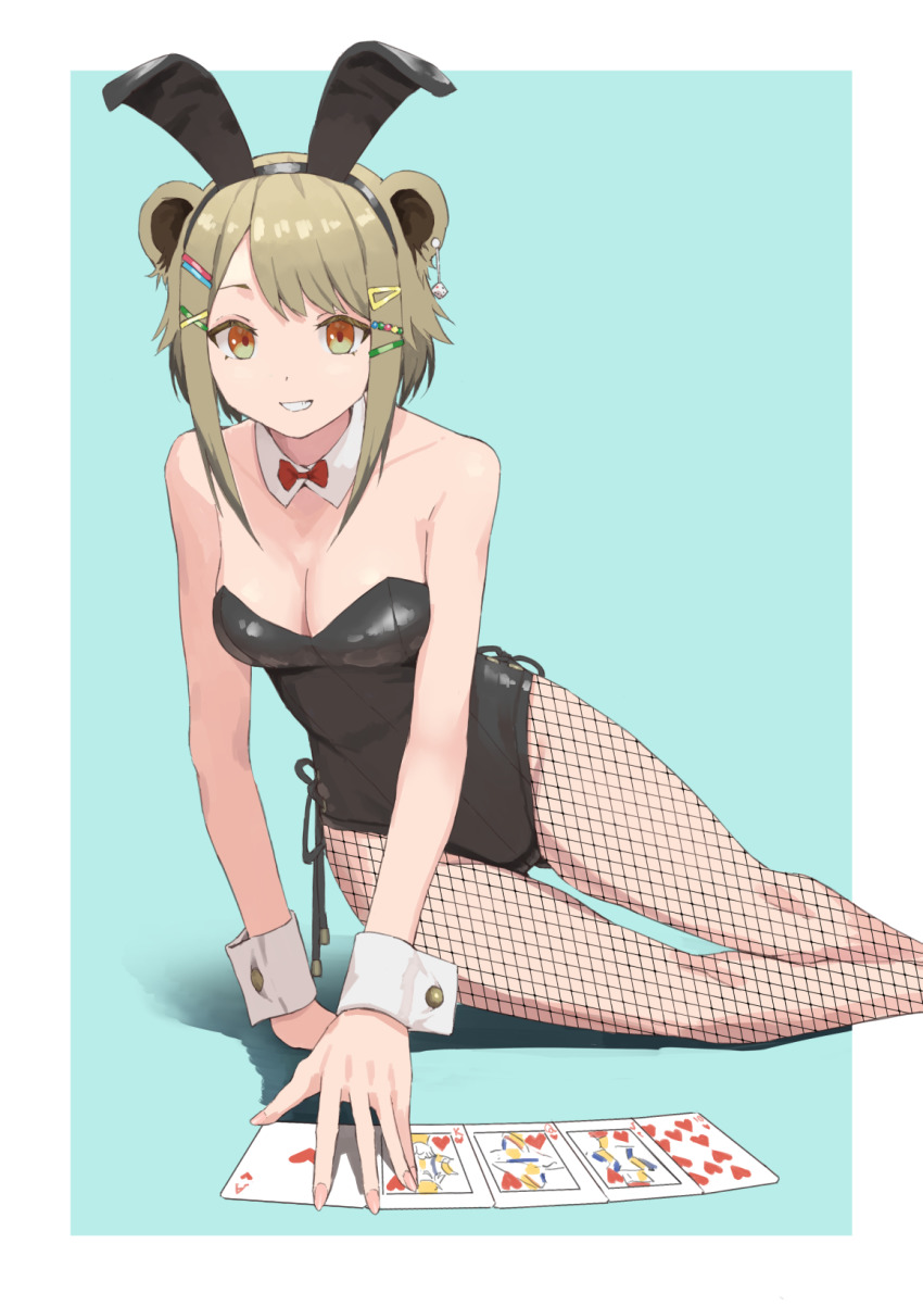 1girl, animal_ears, bare_shoulders, bear_ears, black_leotard, bow, bowtie, breasts