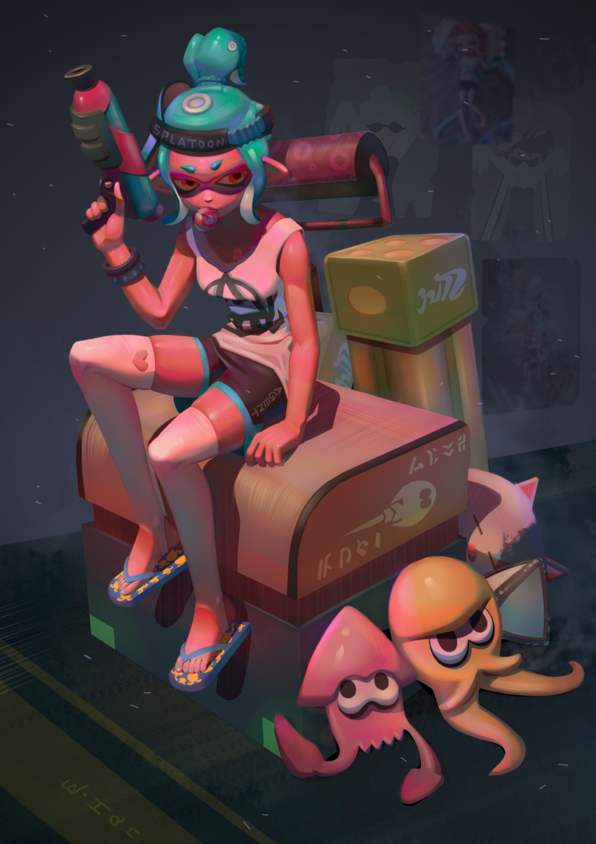 1girl, animal, animal_print, aqua_hair, black_shorts, blowing_bubble_gum, blowing_bubbles, blue_footwear, blue_nails, bracelet, callie_(splatoon), cat, chewing_gum, chinese_commentary, clothing_cutout, flip-flops, h.an_(516635864), hand_up, heart_cutout, high_ponytail, highres, holding, inkling, inkling_(swim_form), inkling_player_character, jewelry, judd_(splatoon), marie_(splatoon), nail_polish, nintendo, octoling, octoling_(swim_form), octoling_girl, octoling_player_character, octopus, octopus_print, orange_eyes, ponytail, poster_(object), print_footwear, sandals, shorts, sideways_hat, sitting, skindentation, splat_bomb_(splatoon), splat_roller_(splatoon), splatoon_(series), splattershot_(splatoon), squid, suction_cups, tank_top, tenta_missiles_(splatoon), tentacle_hair, thighhighs, toeless_legwear, toenail_polish, toenails, visor_cap, white_tank_top, white_thighhighs, zettai_ryouiki