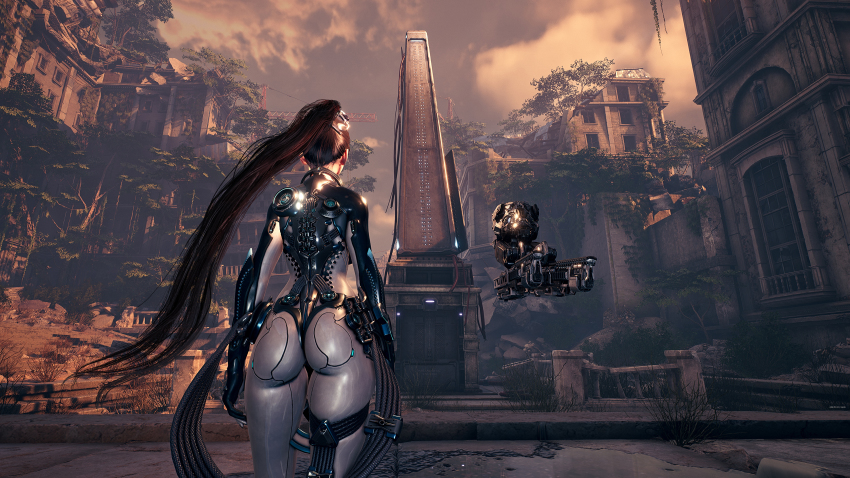 1girl, 3d, absurdres, ass, black_hair, bodysuit, cyberpunk, eve_(stellar_blade), facing_away, from_behind, highres, huge_ass, long_hair, official_art, outdoors, ponytail, raven_suit_(stellar_blade), standing, stellar_blade, thick_thighs, thighs, white_bodysuit
