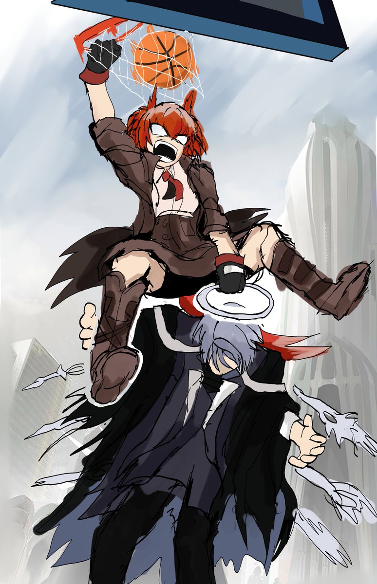 1boy, 1girl, andoain_(arknights), arknights, ball, basketball, basketball_(object), blank_censor, blank_eyes, censored, fiammetta_(arknights), gloves, halo, halo_grab, highres, holding_halo, meme, necktie, nik_(slicknick_000), open_mouth, parody, red_necktie, shirt, slam_dunk_(basketball), venom_dunking_on_spider-man_(meme), white_shirt