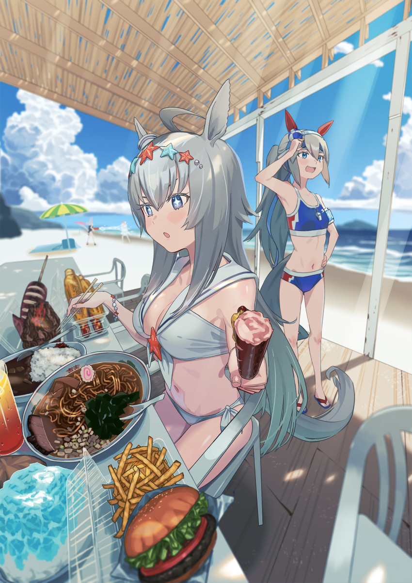 +_+, 4girls, adjusting_goggles, ahoge, armband, beach, beach_umbrella, bikini