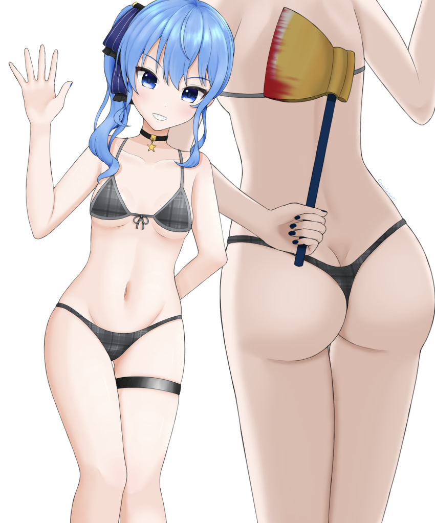 1girl, absurdres, alternate_costume, arm_behind_back, ass, axe, bikini, blood, blood_on_axe, blue_eyes, blue_hair, blue_nails, breasts, butt_crack, choker, commentary_request, feet_out_of_frame, from_behind, golden_axe_(weapon), grey_bikini, hand_up, highres, hololive, hoshimachi_suisei, legs, looking_at_viewer, multiple_views, nail_polish, navel, plaid_bikini, plaid_clothes, side_ponytail, sidelocks, simple_background, skindentation, small_breasts, swimsuit, tamagotozi3420, teeth, thigh_strap, thighs, thong_bikini, underboob, virtual_youtuber, waving, white_background