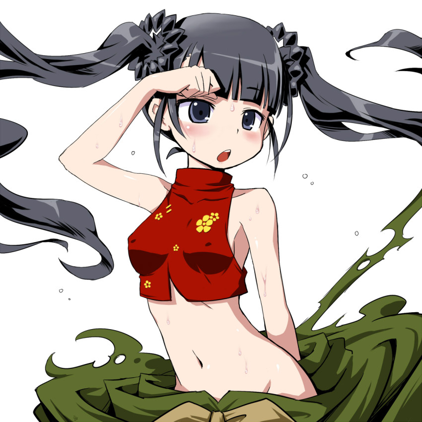 1girl, :o, arm_behind_back, arm_up, atlus, bare_shoulders, black_hair, blue_eyes