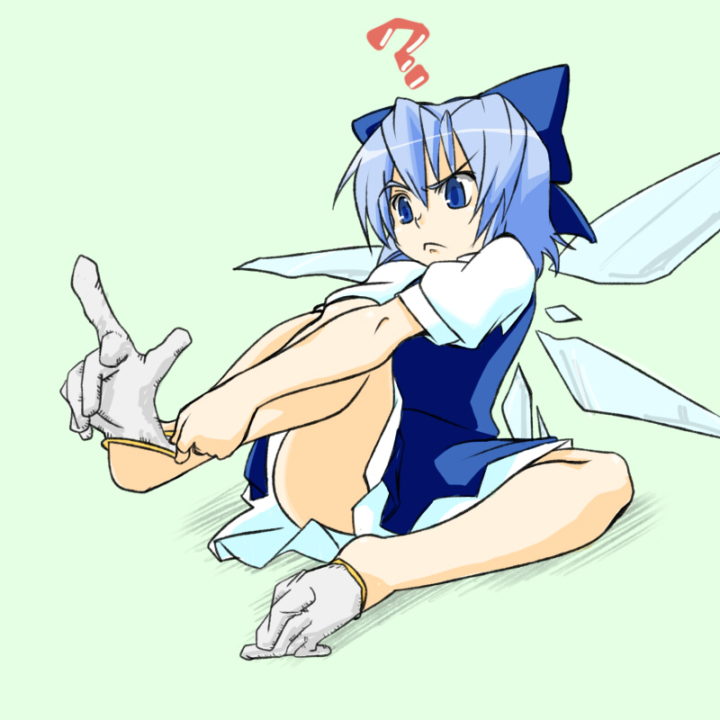 1girl, ?, blue_eyes, blue_hair, bow, cirno, embodiment_of_scarlet_devil, failure