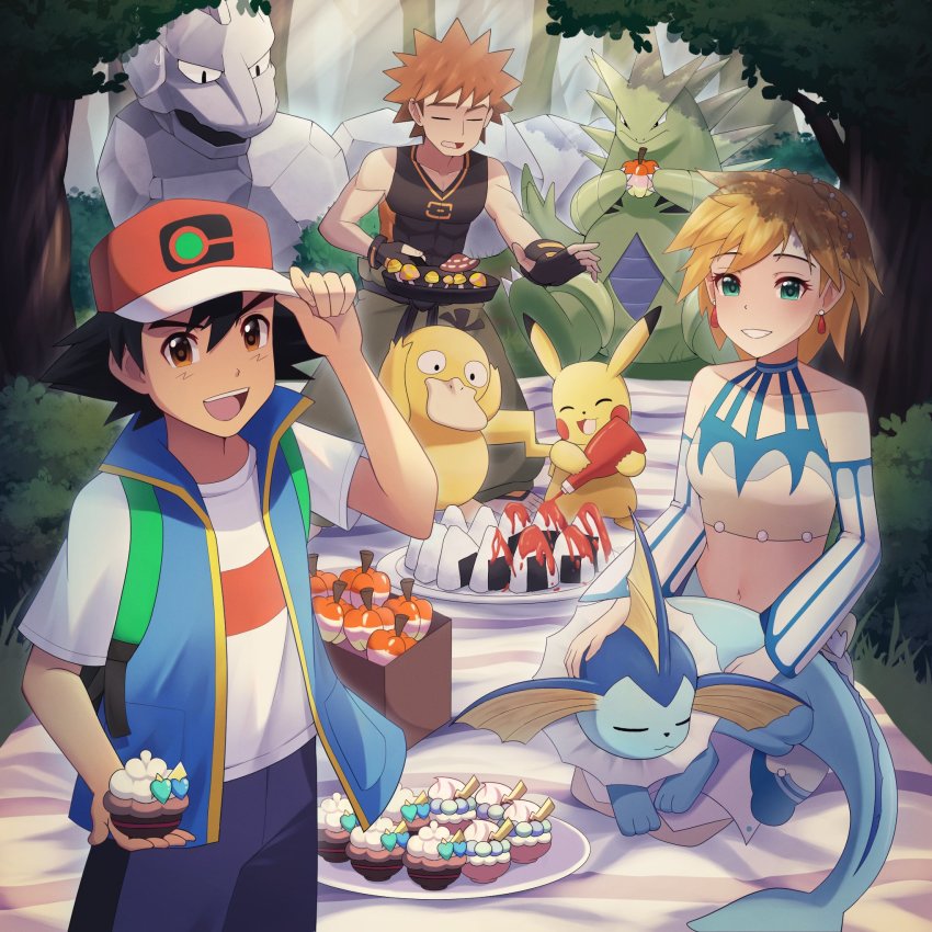 1girl, 2boys, :d, ash_ketchum, black_hair, brock_(pokemon), brock_(sygna_suit)_(pokemon), brown_eyes, brown_hair, bush, commentary, covered_abs, doiparuni, fingerless_gloves, food, forest, gen_1_pokemon, gen_2_pokemon, gloves, grass, hat, highres, holding, ketchup, ketchup_bottle, misty_(pokemon), misty_(sygna_suit)_(pokemon), multiple_boys, mushroom, nature, navel, nintendo, official_alternate_costume, on_lap, onigiri, onix, open_mouth, pants, picnic, pikachu, plate, poke_puff, pokemon, pokemon_(anime), pokemon_(creature), pokemon_journeys, pokemon_masters_ex, pokemon_on_lap, psyduck, red_headwear, rice, shirt, short_hair, short_sleeves, shorts, sleeveless, sleeveless_jacket, sleeveless_shirt, smile, standing, t-shirt, teeth, tongue, tree, tyranitar, upper_teeth_only, vaporeon, white_shirt